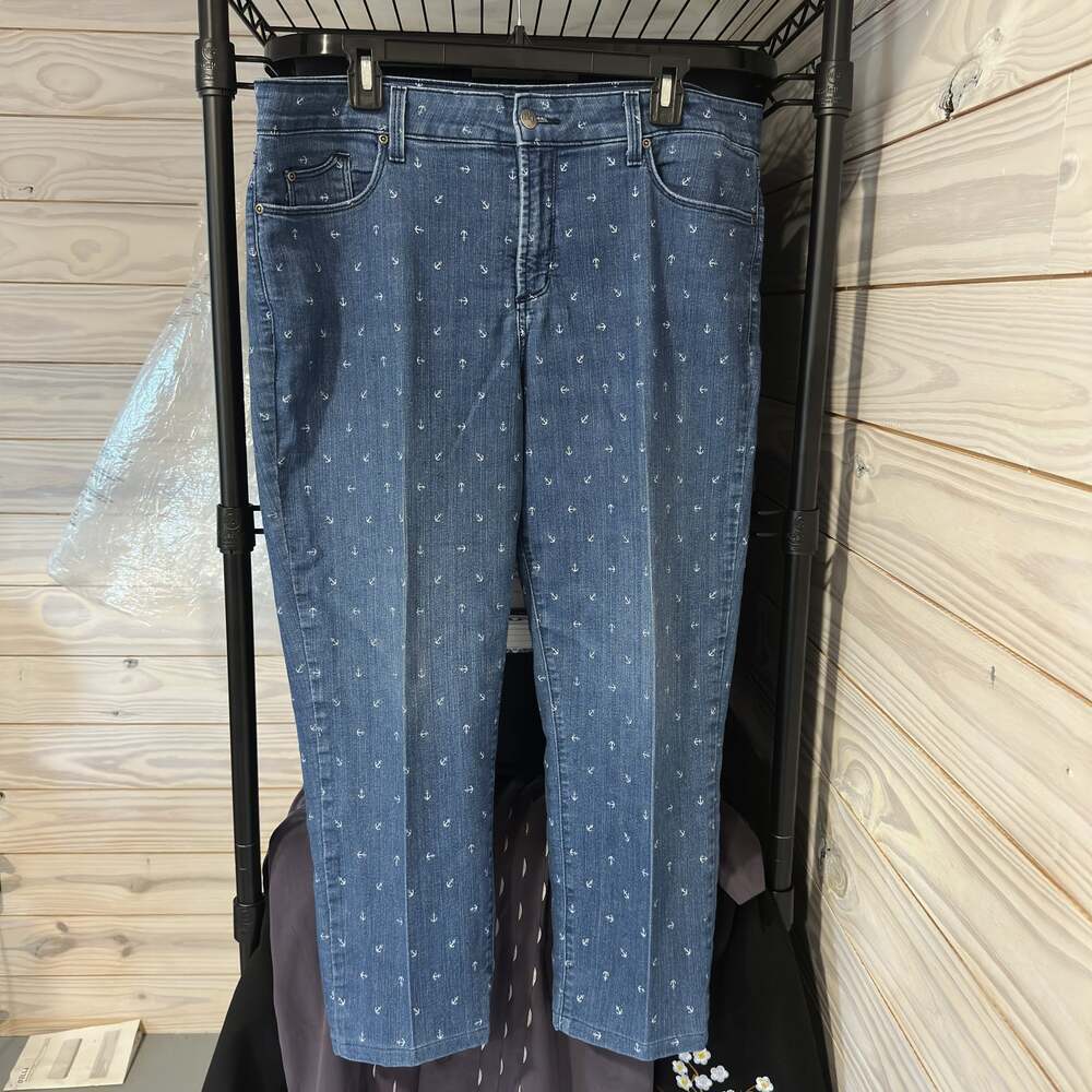 NYDJ Lift Tuck Technology Blue Anchor Print Capris Slimming Jeans Size 6